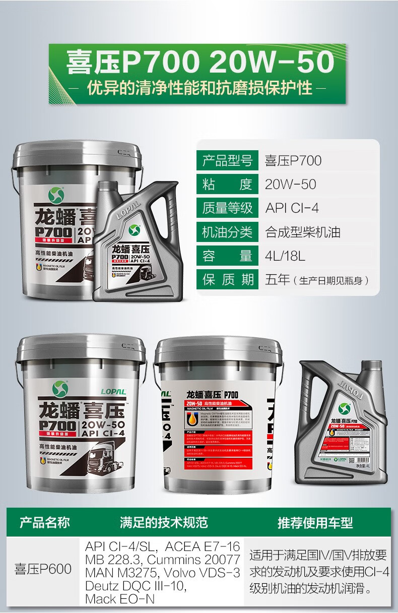 龙蟠柴机油喜压系列 柴油机油 喜压p760 ci-4 20w-50 18l【图片 价格
