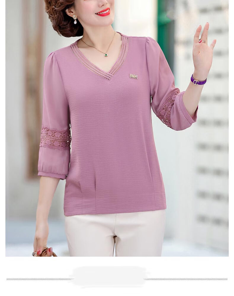 七分袖t恤女宽松大码v领小衫薄款中袖上衣洋气40-50岁中老年女春夏