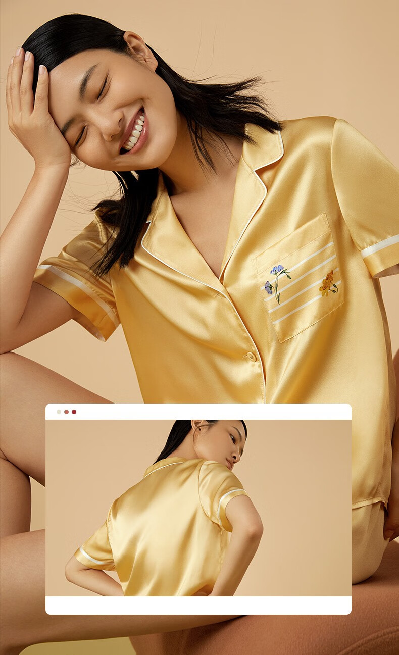 金三塔睡衣女真丝素绉缎衬衫式短袖短裤衣裤套家居服套装ysfca406日光