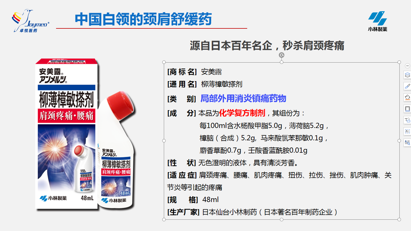 日本原装进口非香港版安美露小林制药柳薄樟敏搽剂48ml肩颈酸疼 腰腿