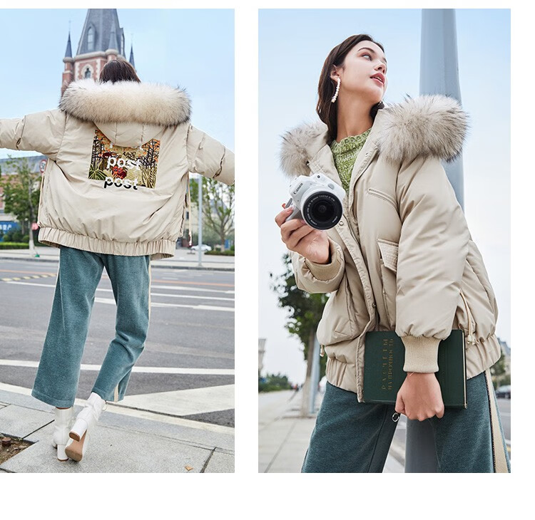 品牌派克羽绒服女2020冬装新款时尚白鸭绒刺绣连帽大毛领外套 森林绿