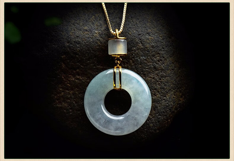 临香玉 天然翡翠吊坠平安扣子母扣女挂坠冰种18k金镶玉坠甜甜圈