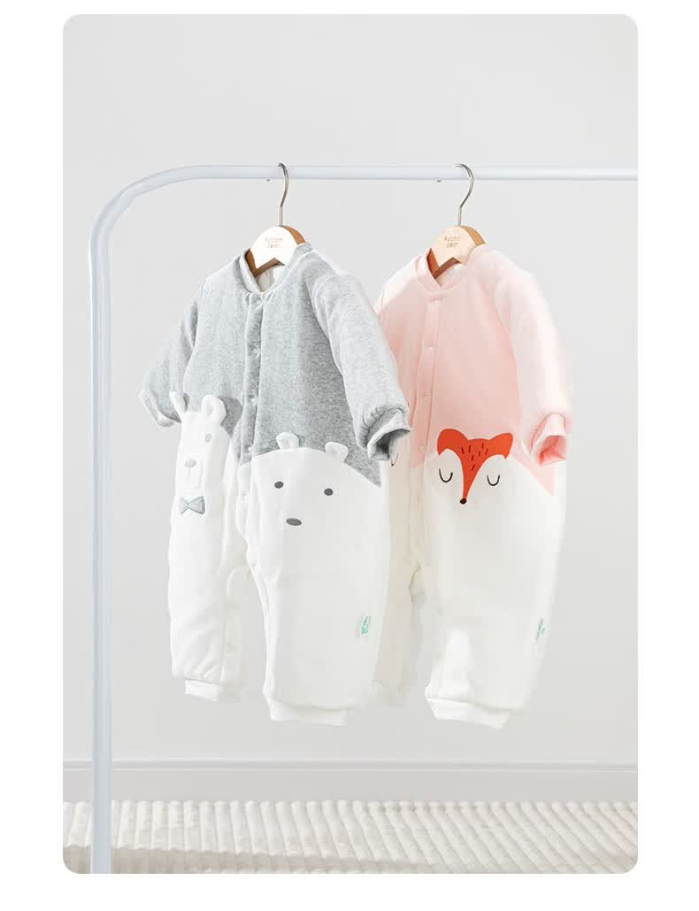 全棉时代婴儿微厚连体服纯棉保暖哈衣新生儿长袖爬服秋冬装灰色白熊80