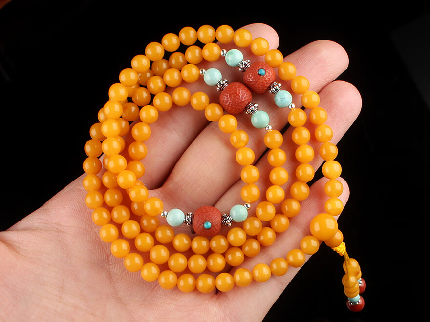 蜜蜡满蜡diy时尚款108佛珠手链配南红绿松石
