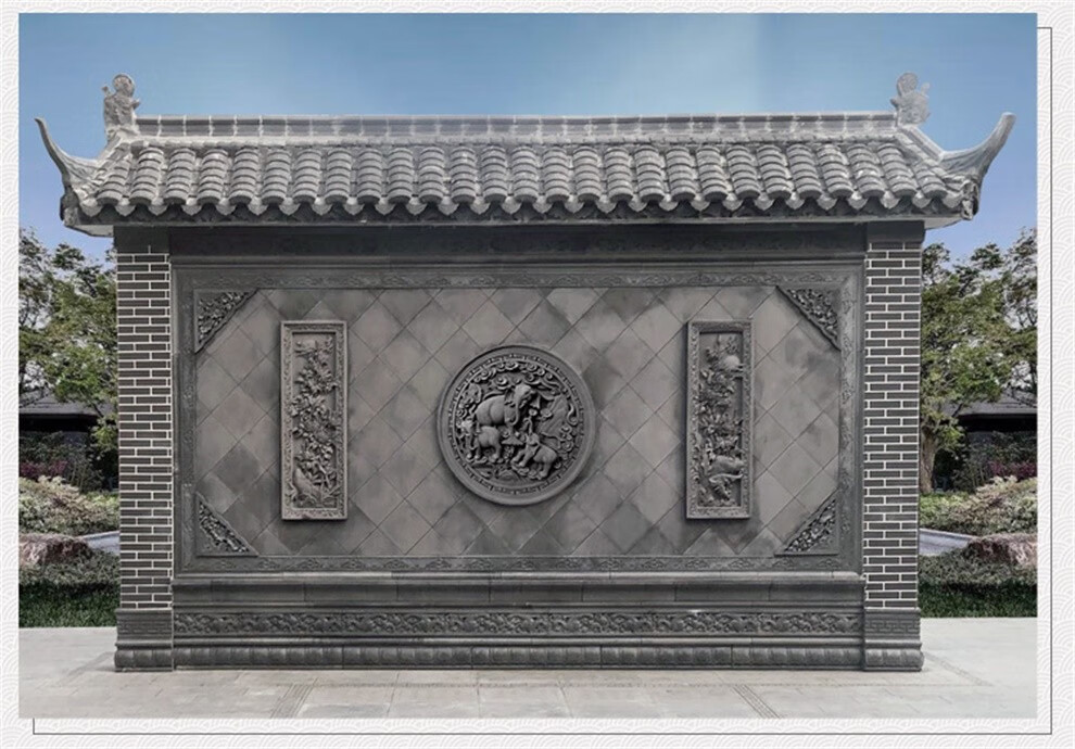 中式四合院圆形砖雕徽派庭院别墅室外影壁墙照壁墙浮雕仿古迎面墙