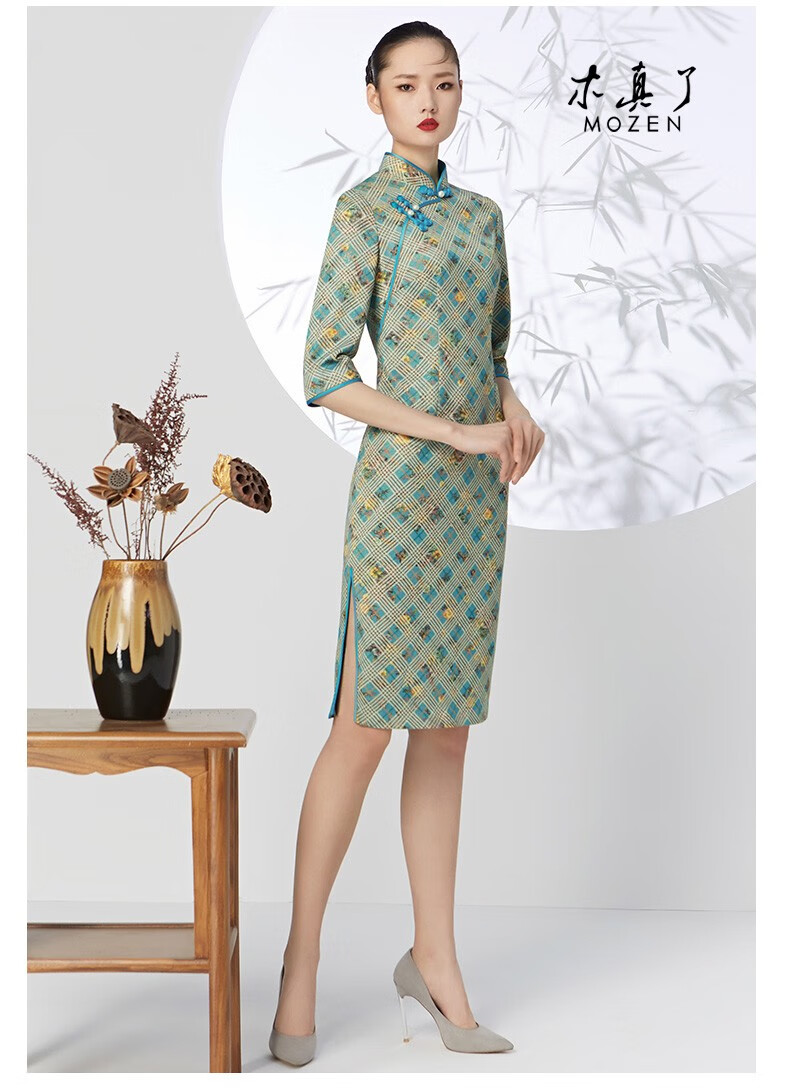 春上新木真了旗袍中式改良复古中国风印花短旗袍913褐色2xb