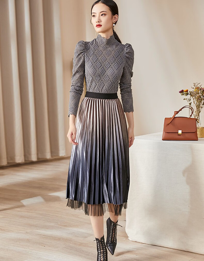 歌珀莱品牌女装2020冬装新款时尚渐变百褶裙高腰显瘦拼接网纱半身裙女