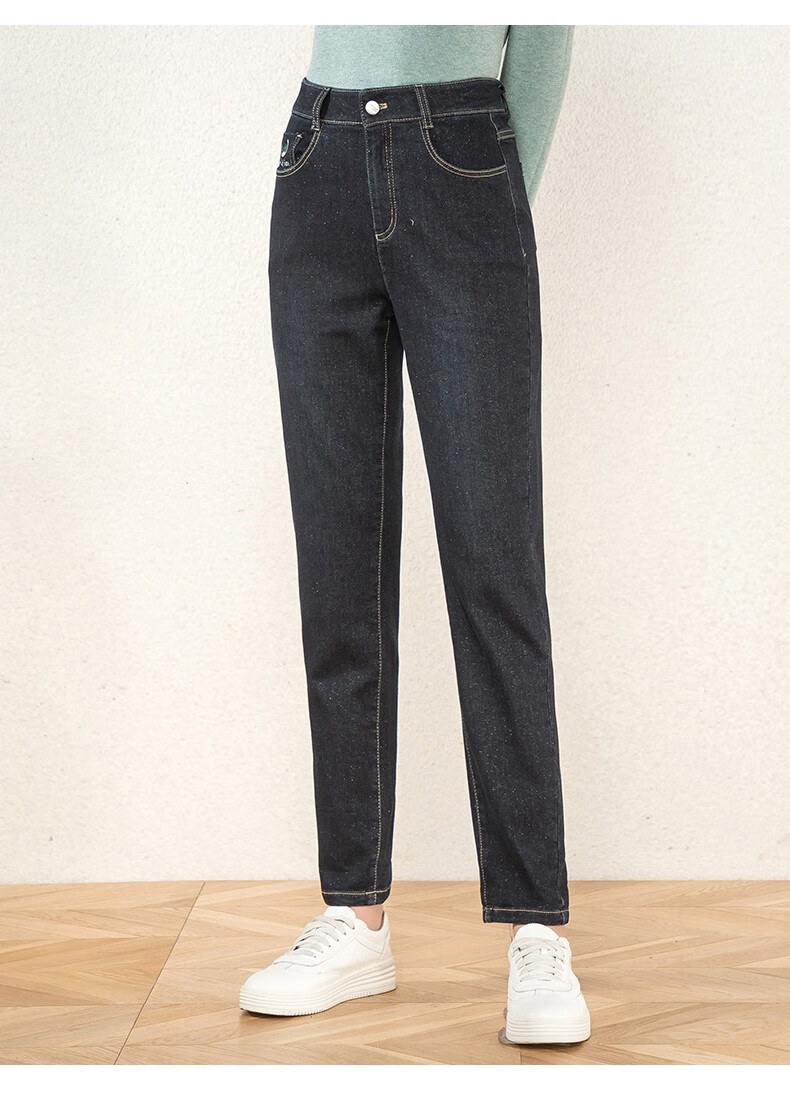 fabeisha品牌牛仔裤女加绒2020冬季新款韩版显瘦薄绒宽松哈伦裤子 深