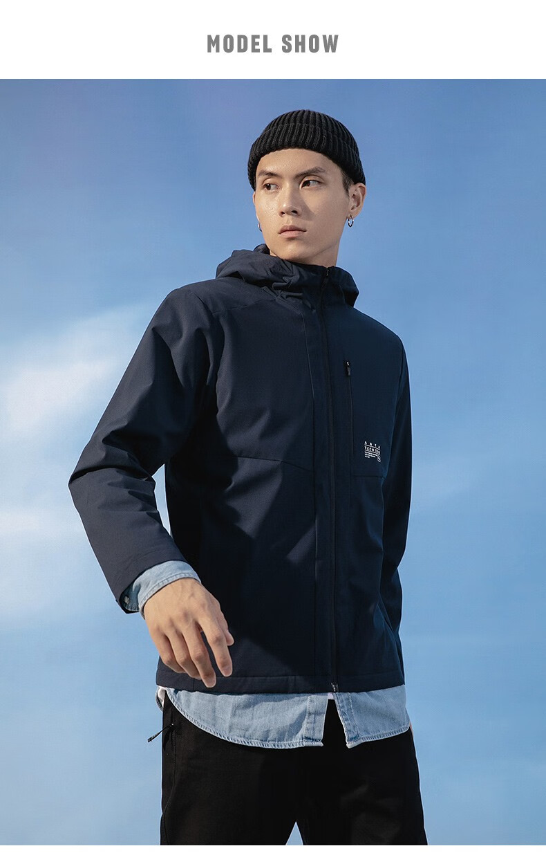 安踏加绒外套男秋冬保暖防风风衣连帽休闲运动夹克3基础黑2xl185