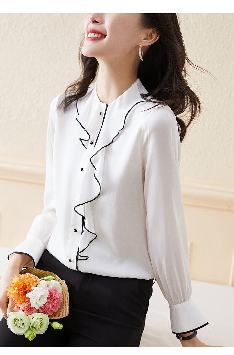 borchiarl品牌 白色真丝衬衫女春装2021新款长袖桑蚕丝洋气小衫 白色