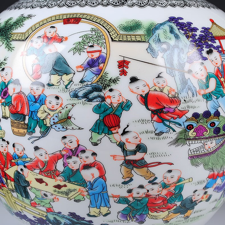 明班景德镇陶瓷花器仿古百子图花瓶中式客厅家居装饰工艺摆件结婚礼物
