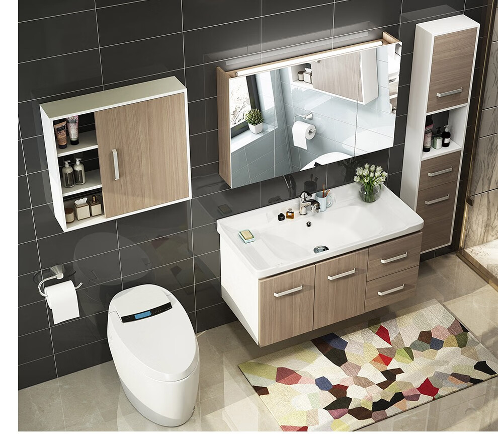 联勒uniler实木浴室柜现代简约卫浴柜洗漱台镜柜面盆柜套装卫生间洗脸