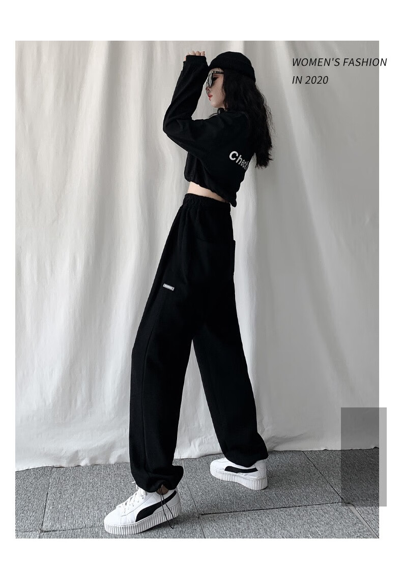 兰特黎斯灰色加绒运动裤女2020新款宽松束脚秋冬裤子女高腰垂感显瘦