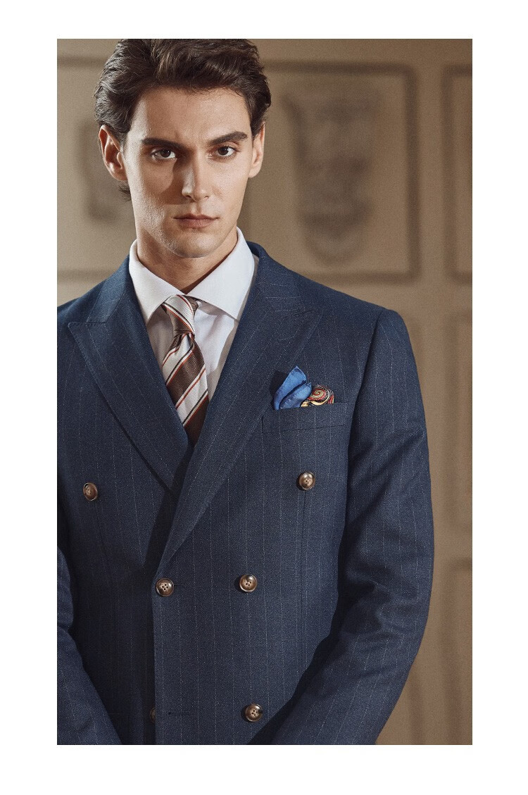 busycon西服男套装深蓝条纹双排扣戗驳领英式正装高端商务休闲宴会