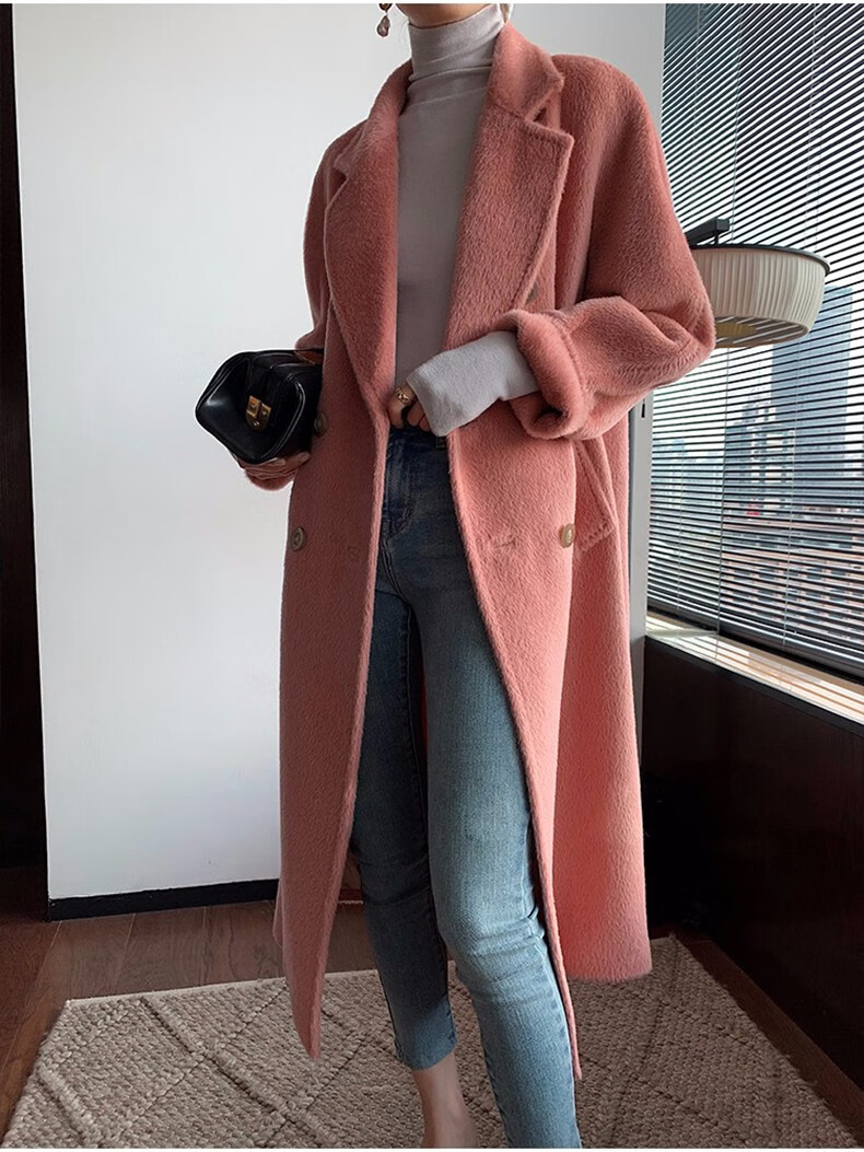 i·g·h 高定品牌女装粉色加厚高端苏力羊驼绒苏丽羊绒大衣女2022年