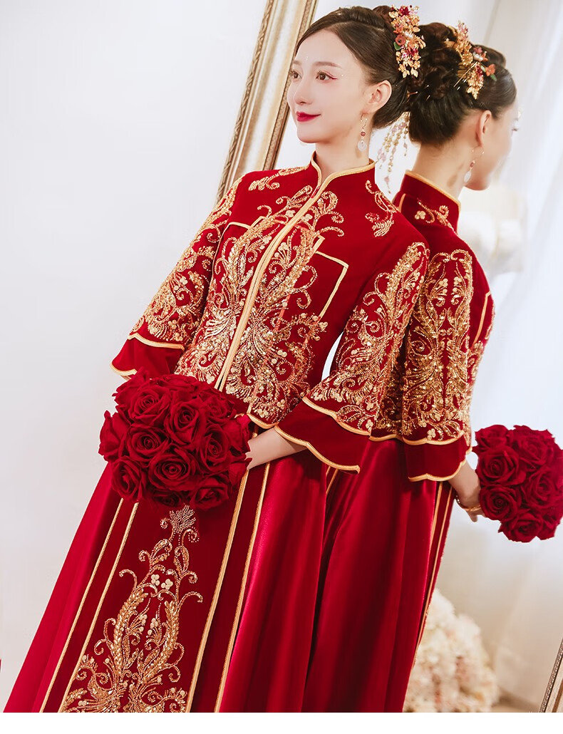 红衣金线秀禾服2021新款新娘中式结婚礼服敬酒服秋冬金丝绒秀和嫁衣