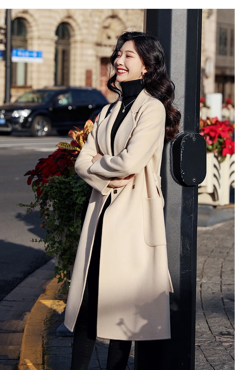 歌珀莱品牌女装米色双面羊毛大衣女长款2021年新款冬羊毛双面毛呢外套