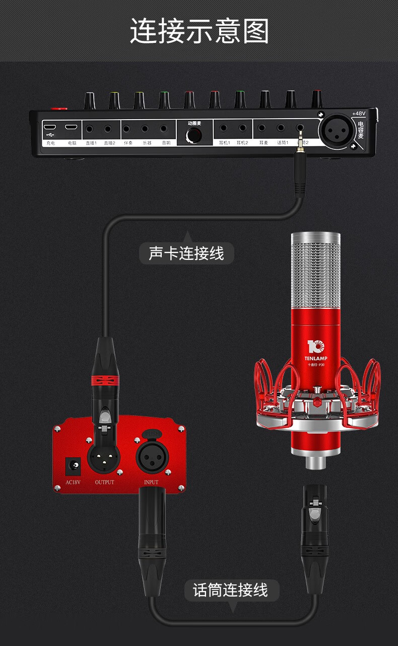十盏灯p30大振膜麦克风专业主播录歌调音台声卡套装48v幻象电源外置