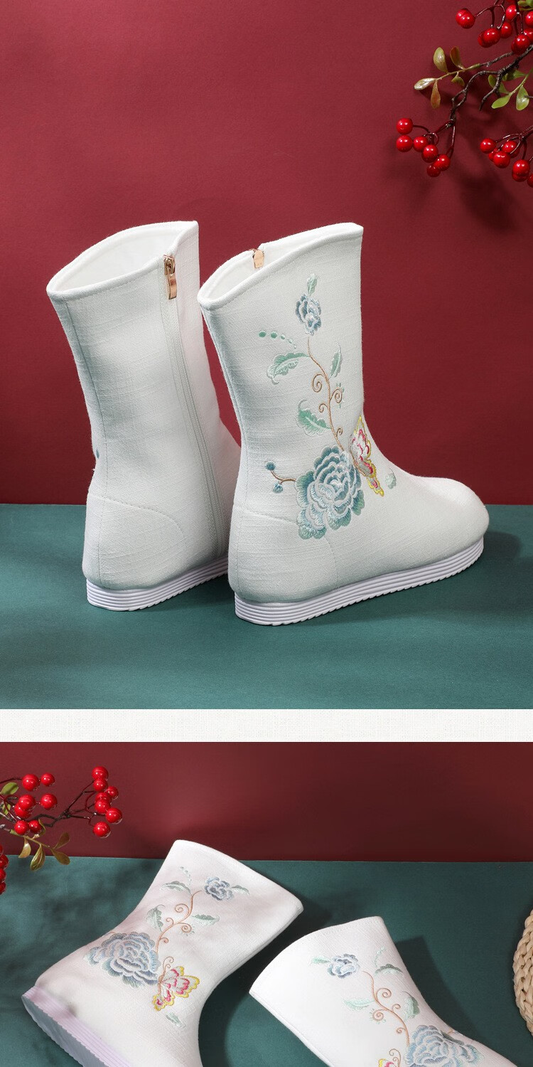 小郎人新款冬季民族风古风靴子女平底汉服短靴加绒加厚中筒靴绣花棉靴