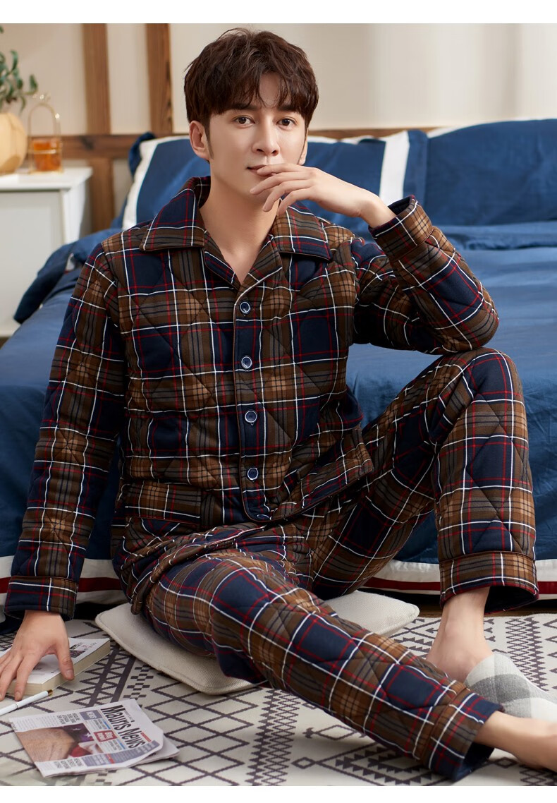 辉豹睡衣男纯棉冬厚男士居家服冬季加厚秋冬款特厚夹棉袄格子全棉质