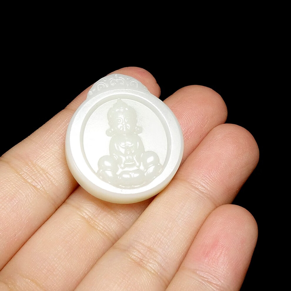 翡舞 天然和田玉吊坠 白玉宝宝佛玉坠项链 白玉圆牌项链坠自戴礼物