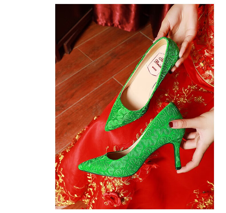 奈驷 绿鞋婚鞋女绿色中式结婚鞋子粗跟细跟新娘鞋孕妇低跟秀禾单鞋
