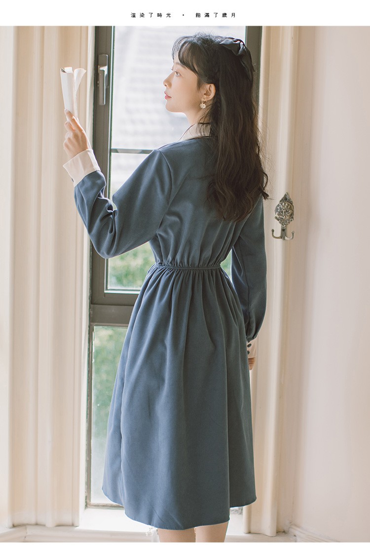 蝴蝶长袖桔梗连衣裙2021学院风polo领高腰显瘦减龄长裙3779灰蓝色l