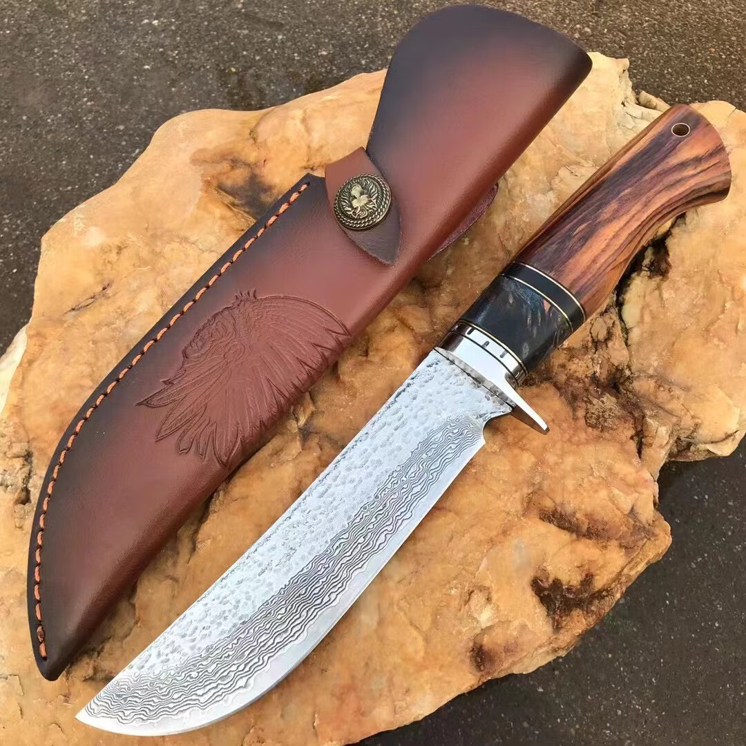 雨轩户外 进口vg10大马士革钢刀锻打雨滴纹刀身户外直刀野营用刀黄檀