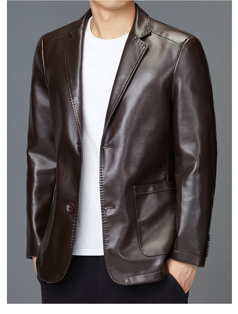 袋鼠皮衣男秋冬西装领仿皮皮衣男中青年休闲皮夹克外套男小西装机车