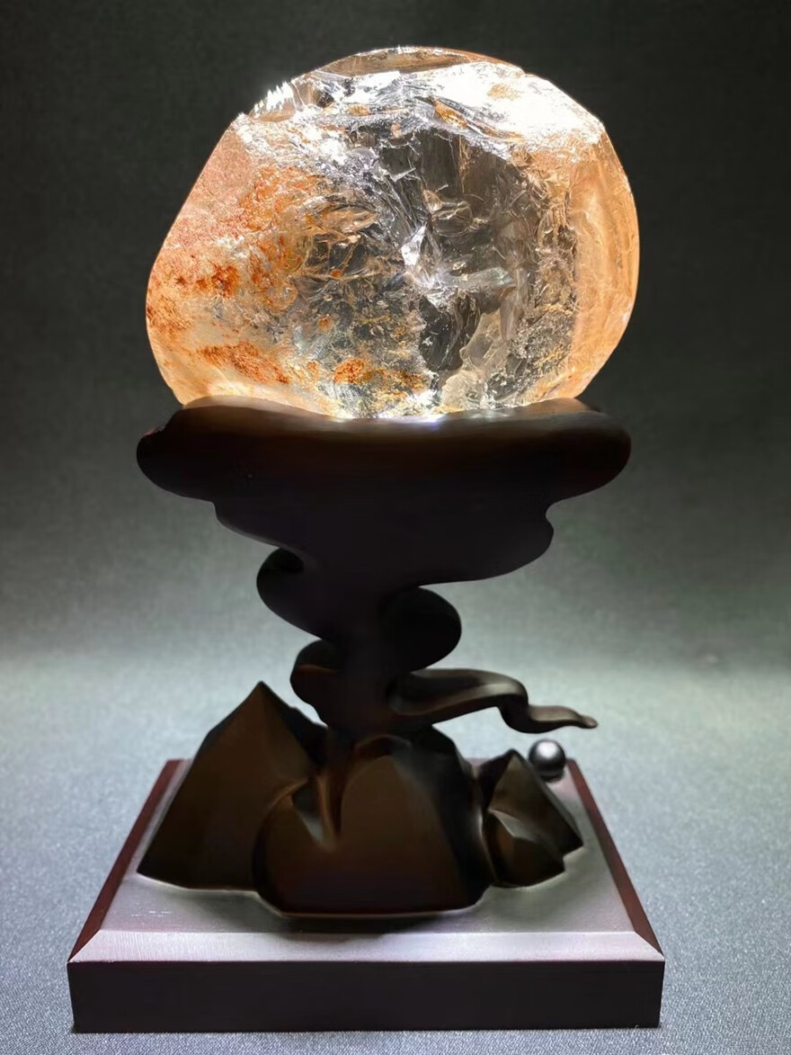 诺源珠宝天然红胶花原石水晶观赏石摆件晶莹剔透精致黑檀底座外形完整