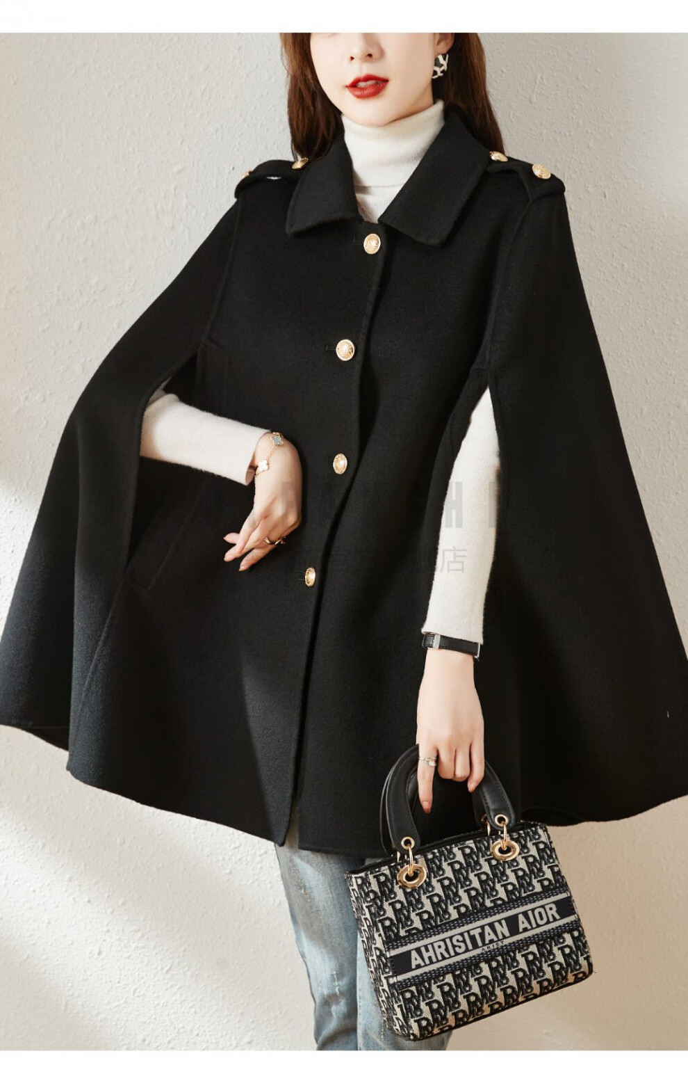 季梵施jifanshi品牌短款红色斗篷羊绒大衣女2021年新款秋冬高端小个子