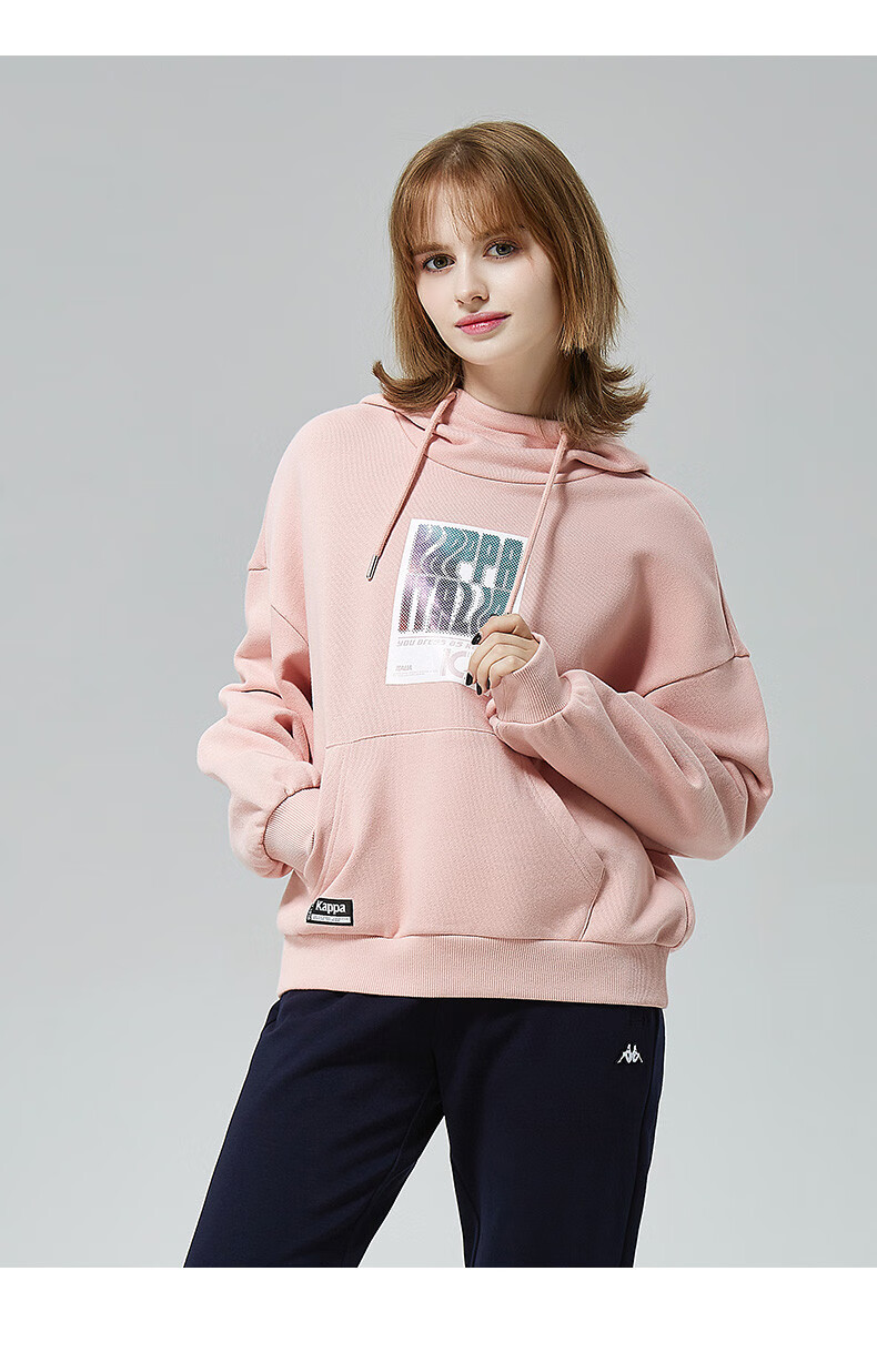 kappa卡帕套头帽衫新款女落肩卫衣休闲印花外套长袖堆领上衣k0a62mt6