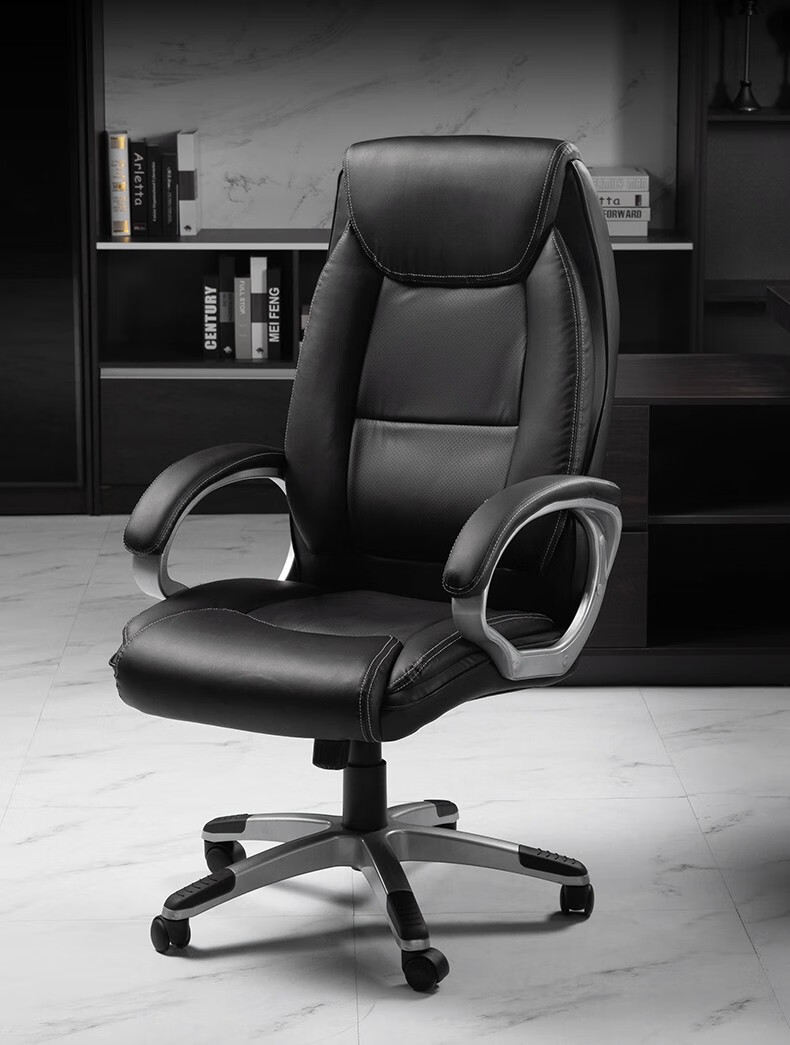 曼译老板椅办公椅电脑椅书房椅子黑色韩皮尼龙脚