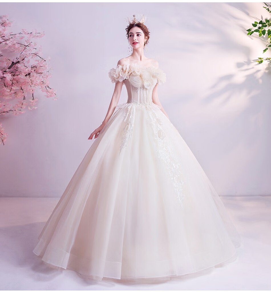 婚纱主纱花仙子香槟色法式宫廷新娘花瓣抹胸婚纱礼服香槟色xs