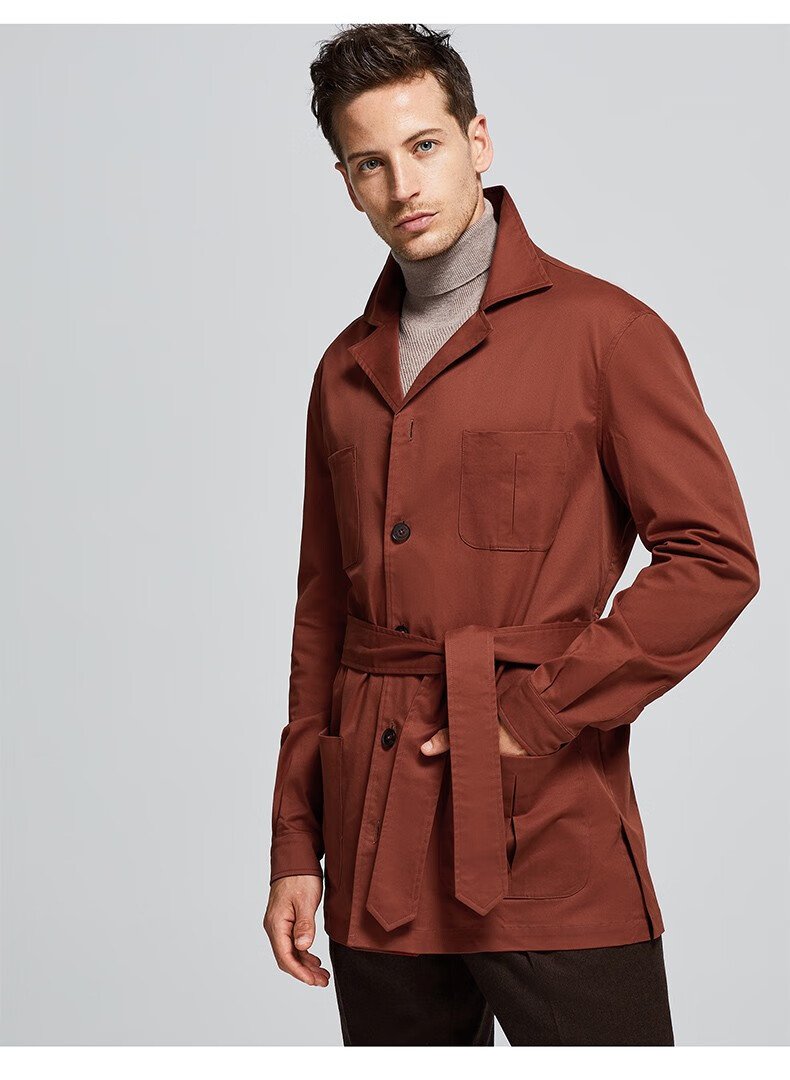 bycreations柏品男士系带修身休闲猎装夹克简约纯色中长款夹克外套男