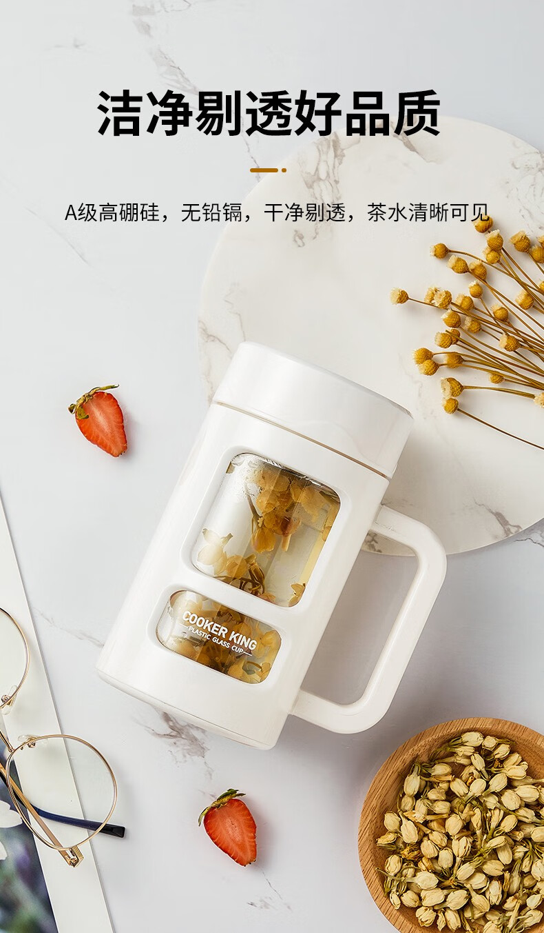 炊大皇 玻璃杯带把简约清新森系水杯 带盖办公室杯子泡茶杯ins风 儒雅