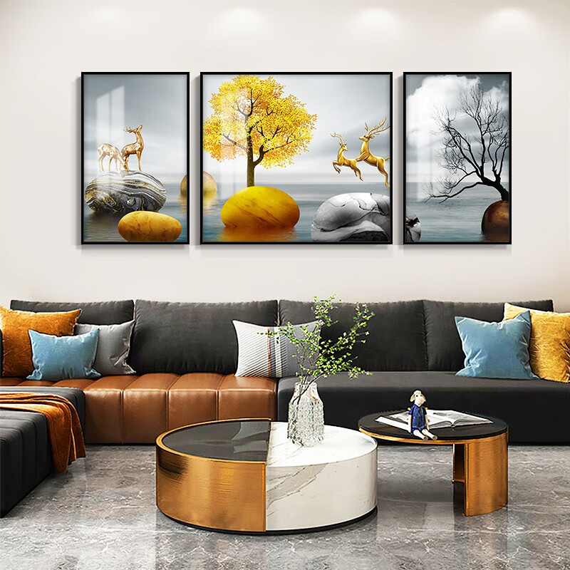 逸美居客厅装饰画现代简约沙发背景墙画三联壁画北欧轻奢风抽象挂画