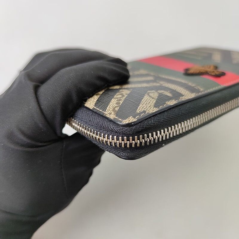 二手9成新古驰gucci小蜜蜂帆布配皮男士长款钱包钱夹带卡槽零钱包