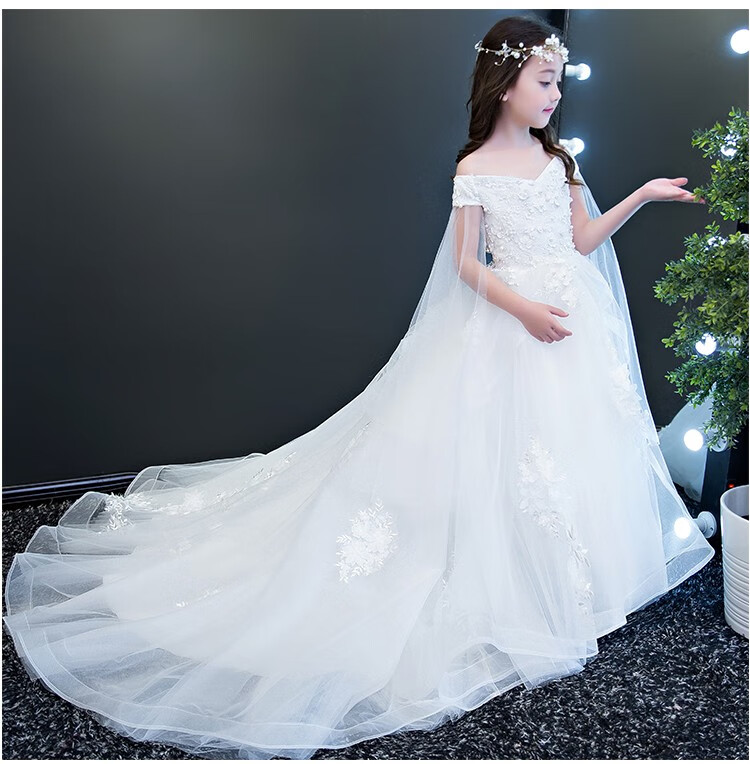 女童婚纱裙公主裙小女孩走秀晚礼服花童蓬蓬纱拖尾儿童演出服 白色