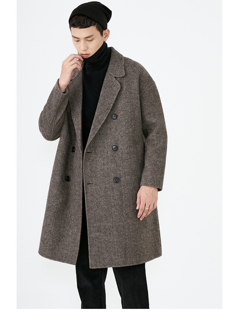 ctns轻奢品牌2020冬季人字纹羊毛双面呢大衣男中长款加厚羊绒双排扣