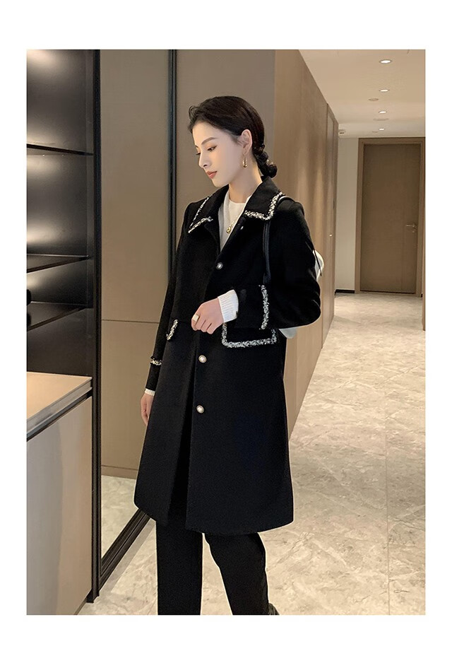 娇鼎很气质款进口羊毛大衣女黑色小香风毛呢外套女冬季中长款小个子dj