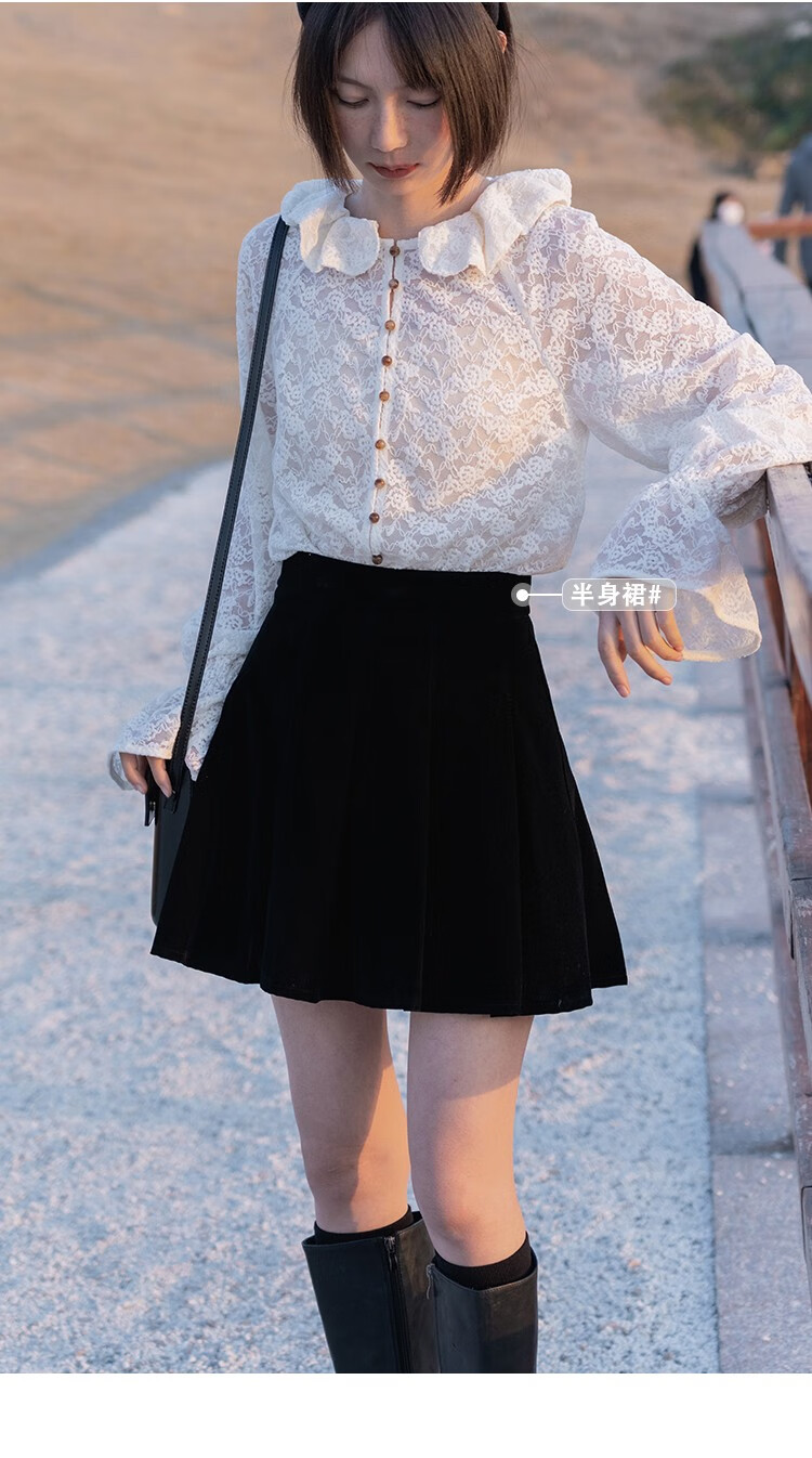 eggka复古黑色丝绒半身裙百褶裙女高腰显瘦a字短裙2021年冬季新款黑色