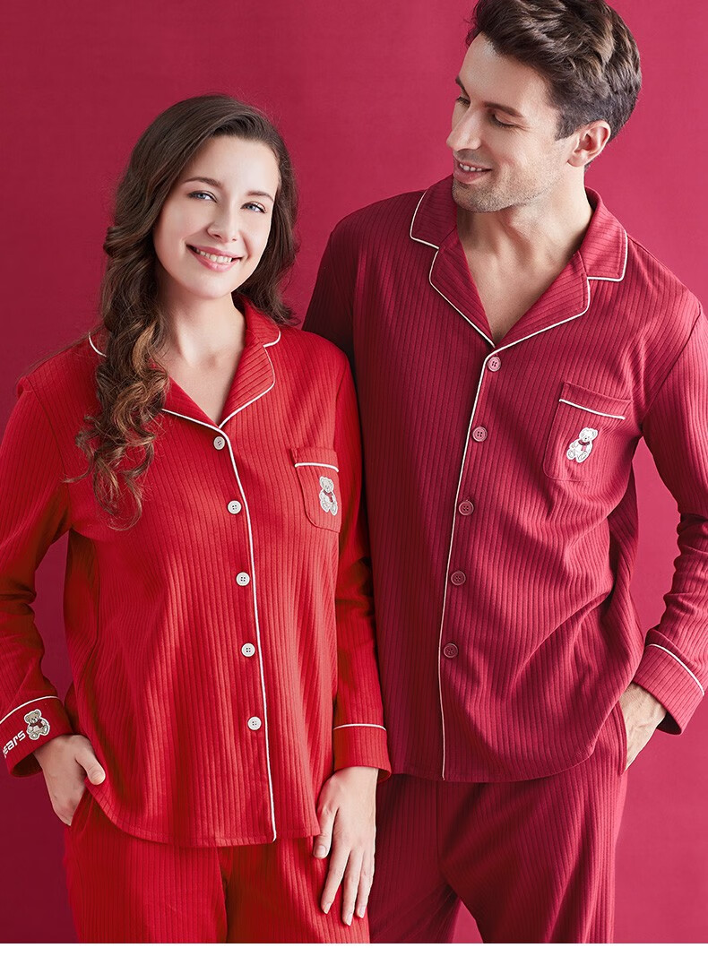 仕乐情侣男女士纯棉睡衣女秋冬季纯棉长袖长裤男个性简约家居服套装酒