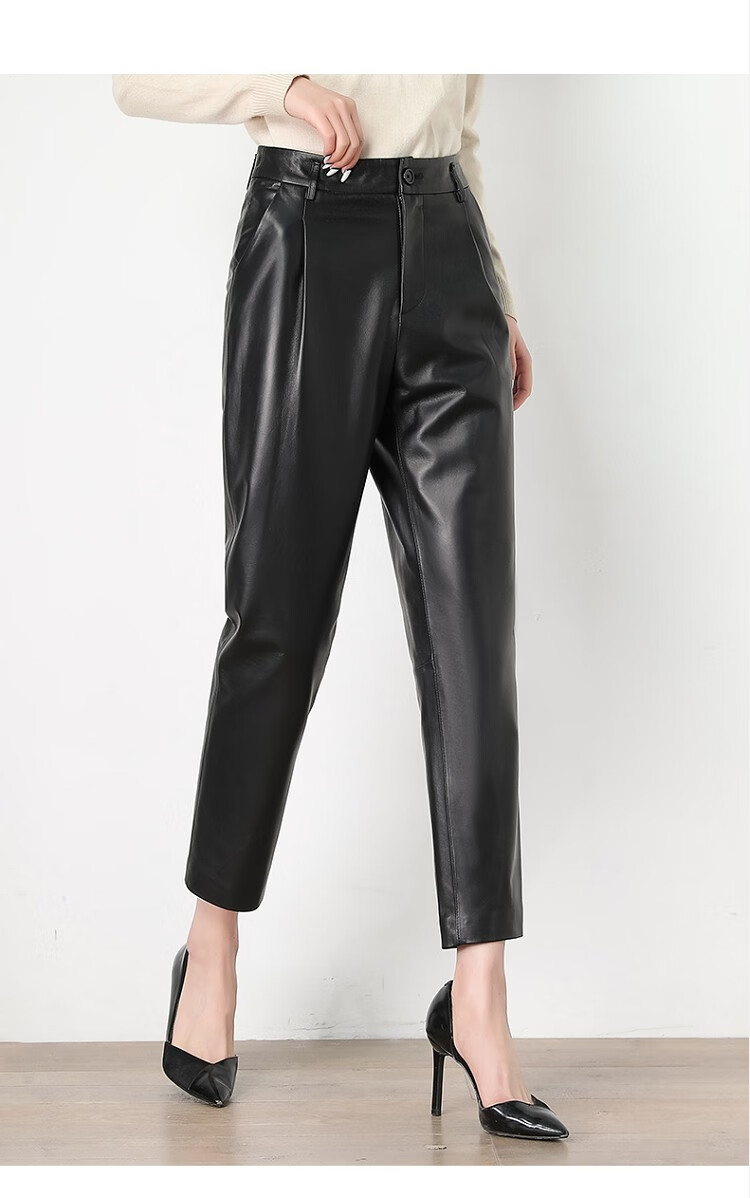 劳拉格慕 真皮皮裤女2020秋冬新款宽松显瘦羊皮九分休闲哈伦裤 黑色 l
