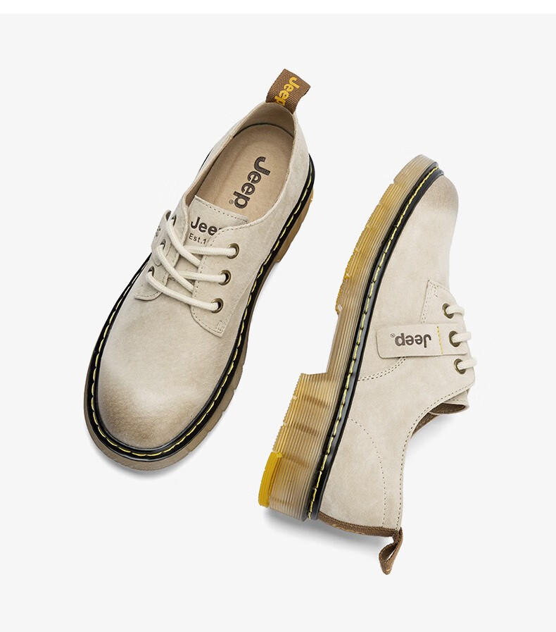 jeep吉普真皮单鞋女2020秋季新款英伦小皮鞋女粗跟学院风深口女鞋 沙