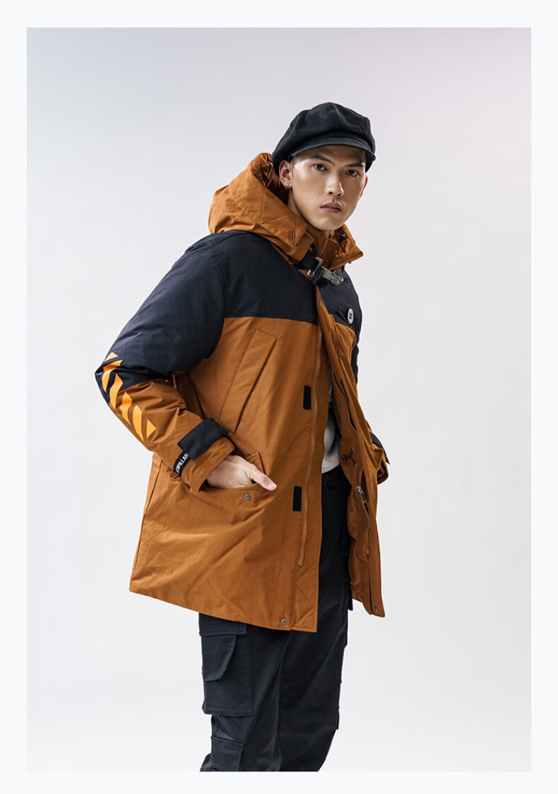 cat卡特羽绒服男中长款撞色拼接保暖连帽休闲羽绒服cj3dwp22371棕红色