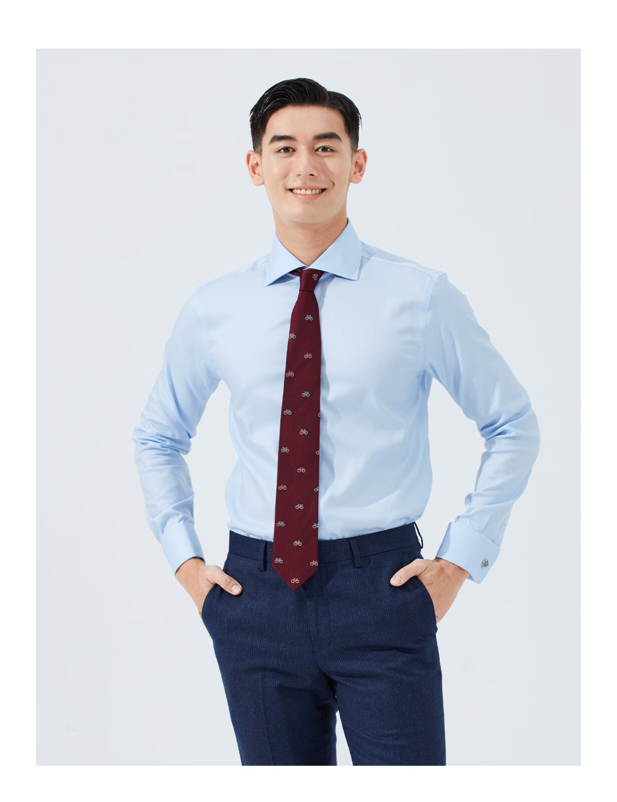 hany法式衬衫男士长袖潮流商务时尚蓝色衬衣上班青年新款男 科莫淡蓝