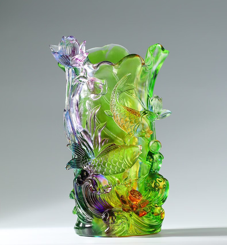 汉唐御阁 琉璃花瓶鱼荷莲花摆件客厅玄关装饰老板办公室摆设送领导