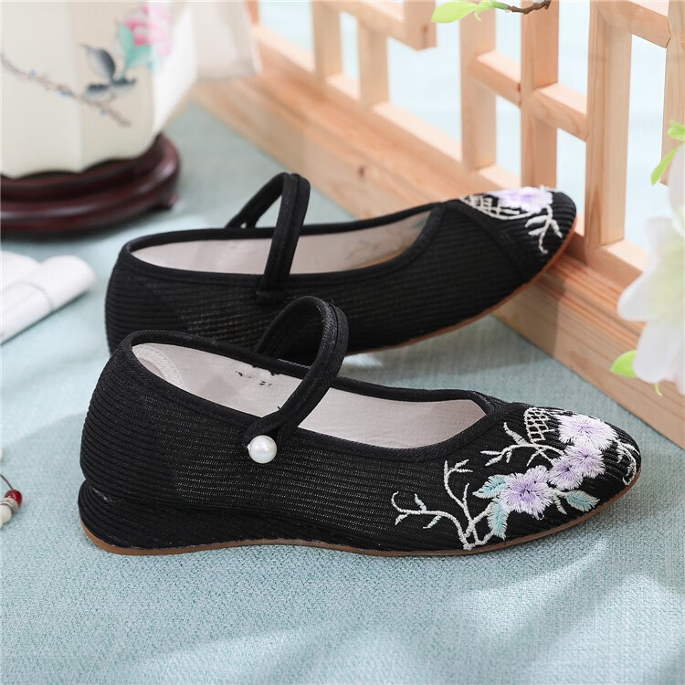 款中国风女鞋绣花鞋民族风帆布鞋古风汉服唐装古装广场舞蹈鞋 黑色 35