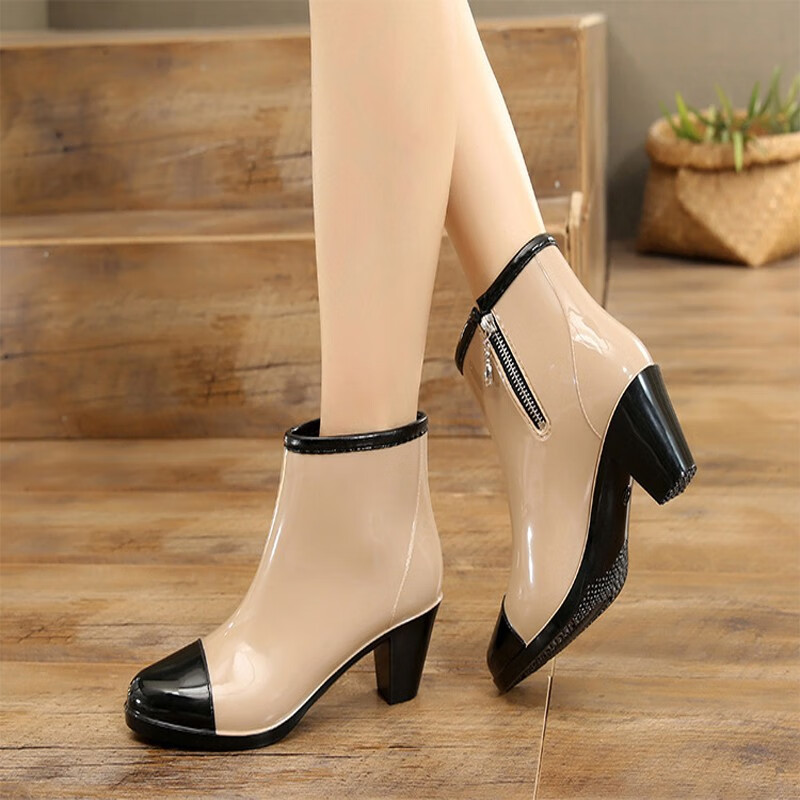 高跟水鞋女 夏时尚雨鞋女成人防水女士水鞋防滑水靴短筒外穿雨靴高跟